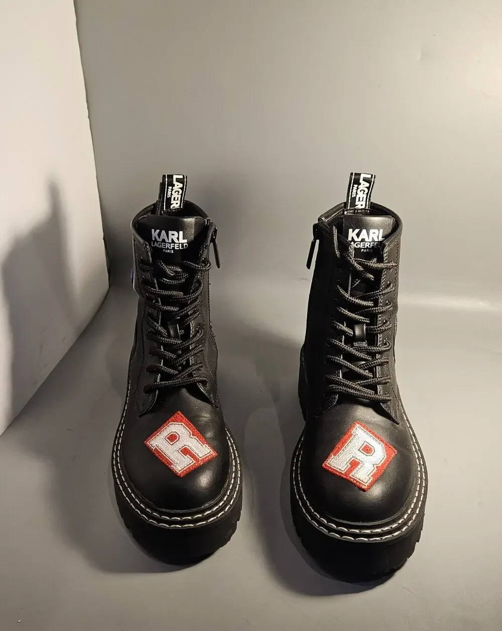 Karl Lagerfeld Paris Zip Up Combat Boots Dixie E23 Patches Embellishments Sz 6
